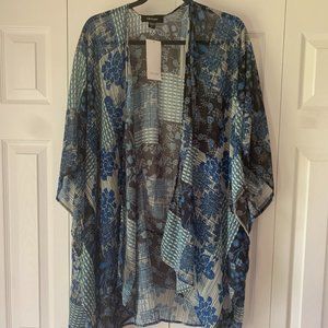 Karen Kane Sheer Patchwork Open Front Kimono Top Blouse, Blue, NWT